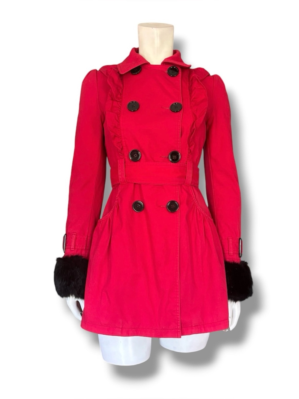 Red Herring | Y2K Vintage Polka Dot Red Parka Jacket with Buttons and Waist Sash